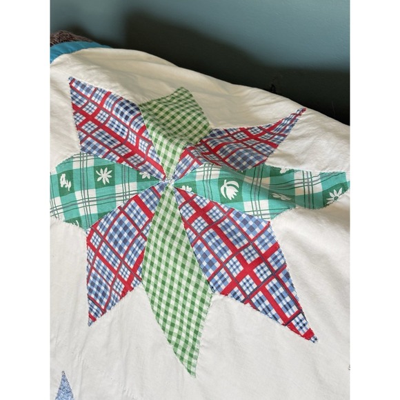 Vintage Hand-Stitched Lemoyne Star Summer Quilt Coverlet 8 Point  73" X 67" - Picture 10 of 16